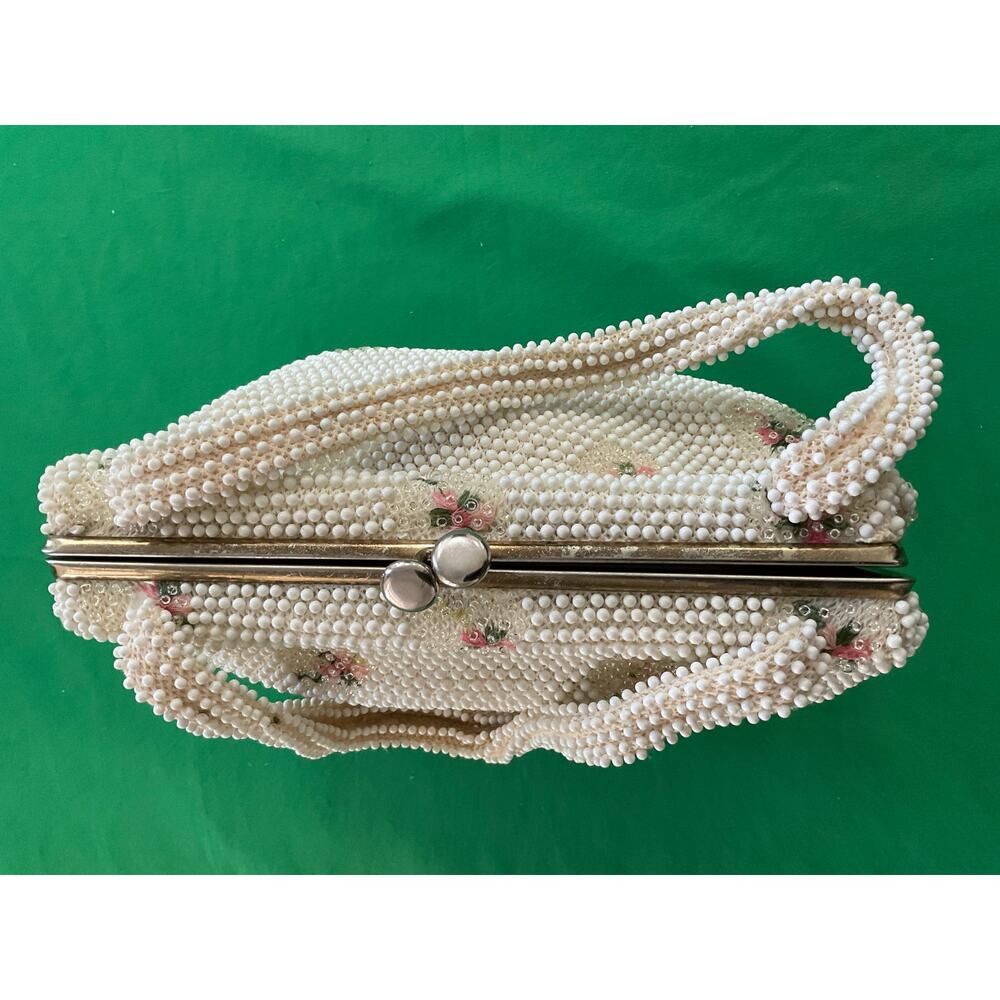 Vintage 1950’s Corde Bead Lumured Ivory Floral Clutch Handbag Purse With Handle - Picture 5 of 10